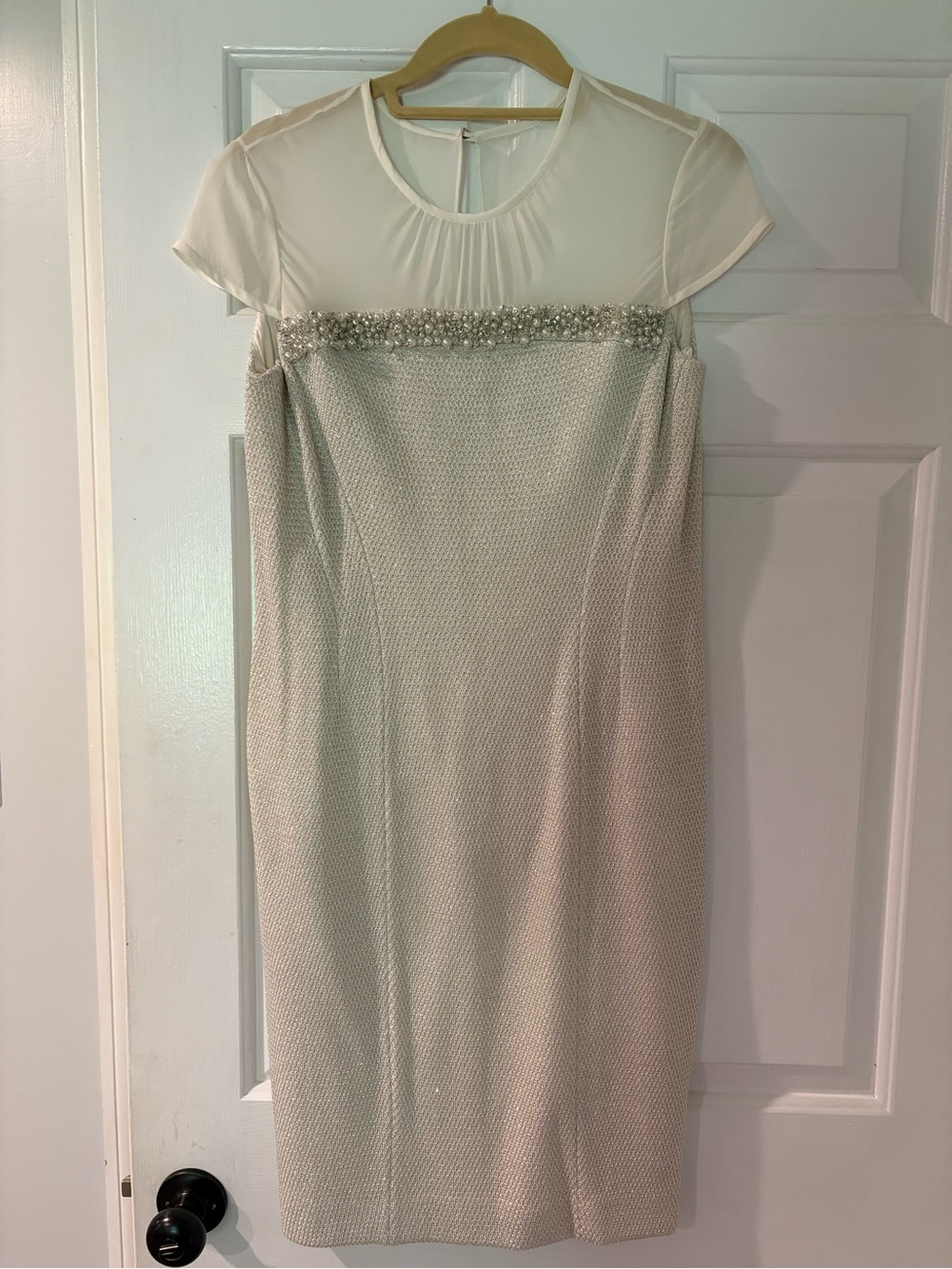 St. John Cream Sheer Yoke Dress with Hand Beaded Trim